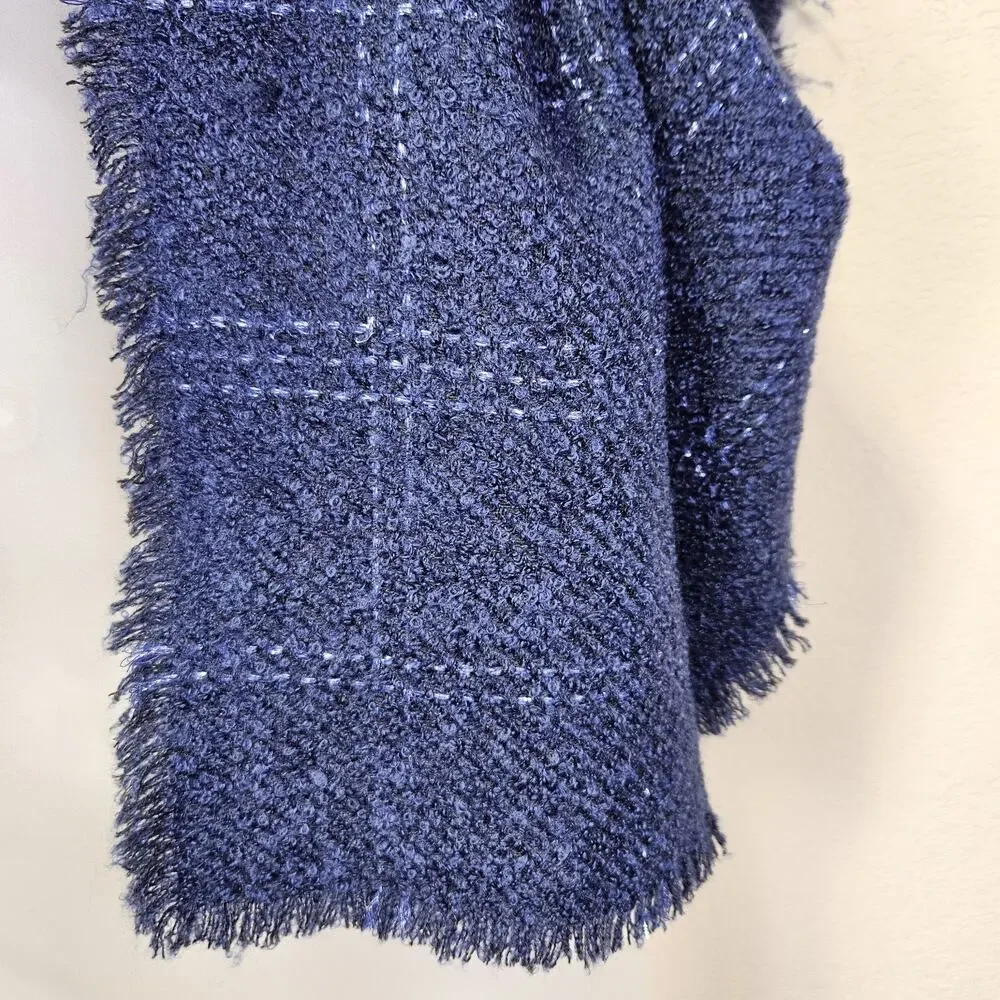 Talbots Metallic Windowpane Plaid Wrap Womens Large Scarf Sapphire Blue Fringed